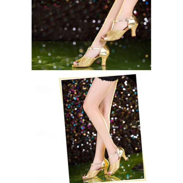 Women's Silver Glitter Dance Heels with T-Strap and Open-Toe Design – Elegant Shoes for Ballroom, Latin, and Party Performances