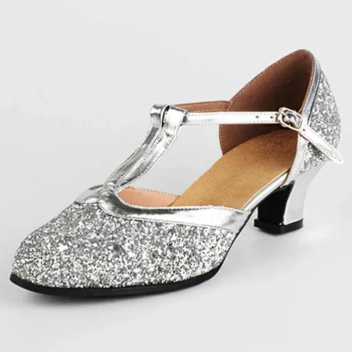 Women's Silver Glitter T-Strap Dance Shoes – Low Heel Ballroom Latin Performance Sandals for Weddings and Parties