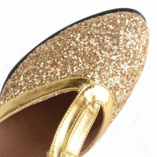 Women's Silver Glitter T-Strap Dance Shoes – Low Heel Ballroom Latin Performance Sandals for Weddings and Parties