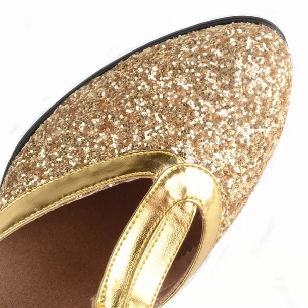 Women's Silver Glitter T-Strap Dance Shoes – Low Heel Ballroom Latin Performance Sandals for Weddings and Parties