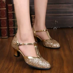 Women's Silver Glitter T-Strap Dance Shoes – Low Heel Ballroom Latin Performance Sandals for Weddings and Parties