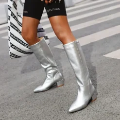 Women's Silver Metallic Faux Leather Knee-High Boots, Modern Pointed-Toe Design for Fashionable Street Style and Evening Outfits