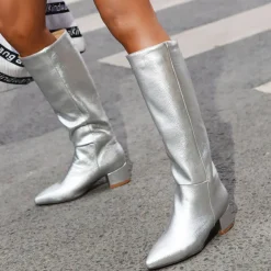 Women's Silver Metallic Faux Leather Knee-High Boots, Modern Pointed-Toe Design for Fashionable Street Style and Evening Outfits