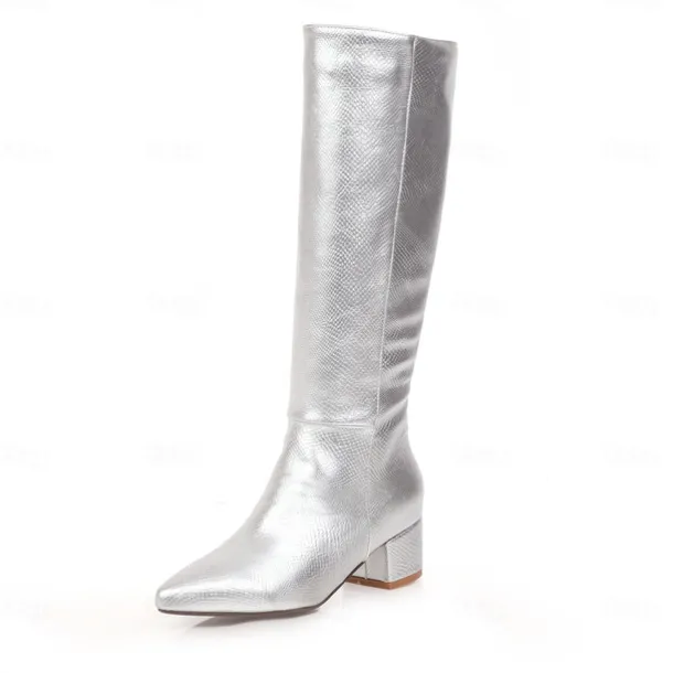 Women's Silver Metallic Faux Leather Knee-High Boots, Modern Pointed-Toe Design for Fashionable Street Style and Evening Outfits
