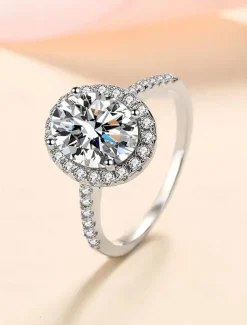 Women's Silver Moissanite Halo Engagement Ring – Oval-Cut Sparkling Party Band for Women
