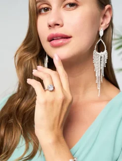 Women's Silver Moissanite Halo Engagement Ring – Oval-Cut Sparkling Party Band for Women