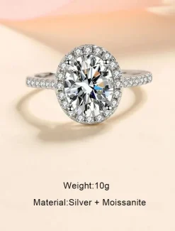 Women's Silver Moissanite Halo Engagement Ring – Oval-Cut Sparkling Party Band for Women