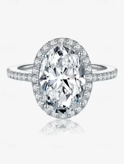 Women's Silver Moissanite Halo Engagement Ring – Oval-Cut Sparkling Party Band for Women