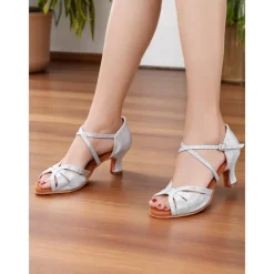 Women's Silver Satin Dance Shoes with Low Kitten Heel and Cross Strap Design - Elegant Dance Shoes for Ballroom and Latin Dances