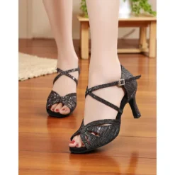 Women's Silver Satin Dance Shoes with Low Kitten Heel and Cross Strap Design - Elegant Dance Shoes for Ballroom and Latin Dances