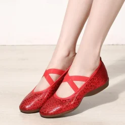 Women's Silver Sequin Dance Shoes with Elastic Cross Straps – Lightweight Flats for Ballet, Jazz, and Modern Dance Performances