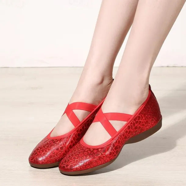 Women's Silver Sequin Dance Shoes with Elastic Cross Straps – Lightweight Flats for Ballet, Jazz, and Modern Dance Performances