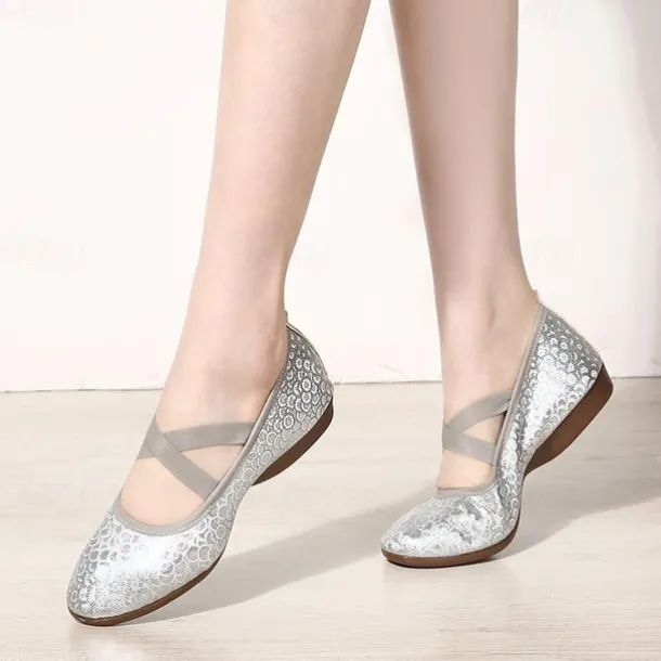 Women's Silver Sequin Dance Shoes with Elastic Cross Straps – Lightweight Flats for Ballet, Jazz, and Modern Dance Performances