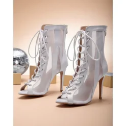 Women's Silver White Lace-Up High Heel Dance Boots - Peep Toe Mesh Professional Latin Jazz Ballroom Performance Shoes for Stage and Party
