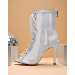 Women's Silver White Lace-Up High Heel Dance Boots - Peep Toe Mesh Professional Latin Jazz Ballroom Performance Shoes for Stage and Party