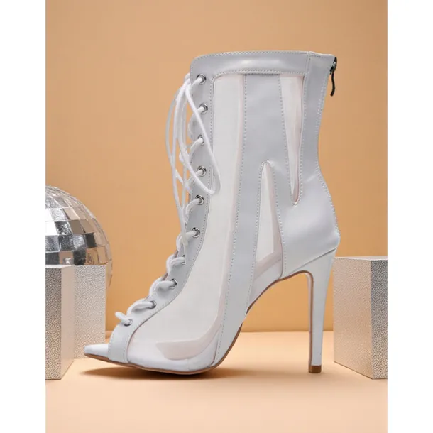Women's Silver White Lace-Up High Heel Dance Boots - Peep Toe Mesh Professional Latin Jazz Ballroom Performance Shoes for Stage and Party