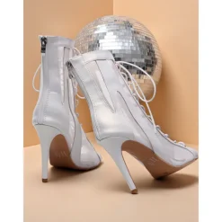 Women's Silver White Lace-Up High Heel Dance Boots - Peep Toe Mesh Professional Latin Jazz Ballroom Performance Shoes for Stage and Party
