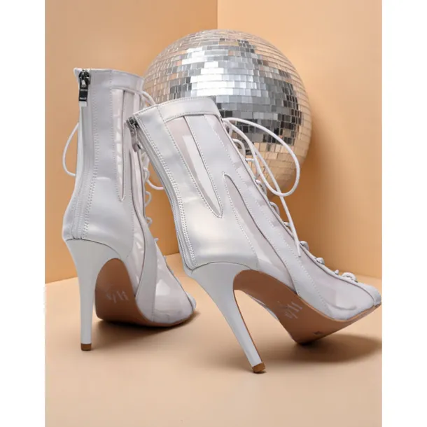 Women's Silver White Lace-Up High Heel Dance Boots - Peep Toe Mesh Professional Latin Jazz Ballroom Performance Shoes for Stage and Party