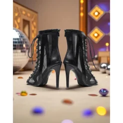 Women's Silver White Lace-Up High Heel Dance Boots - Peep Toe Mesh Professional Latin Jazz Ballroom Performance Shoes for Stage and Party