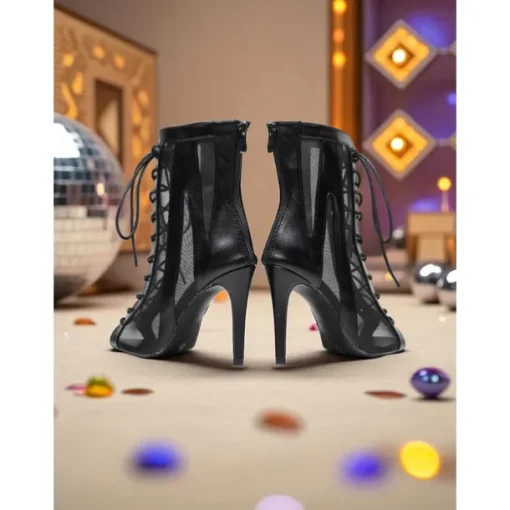 Women's Silver White Lace-Up High Heel Dance Boots - Peep Toe Mesh Professional Latin Jazz Ballroom Performance Shoes for Stage and Party