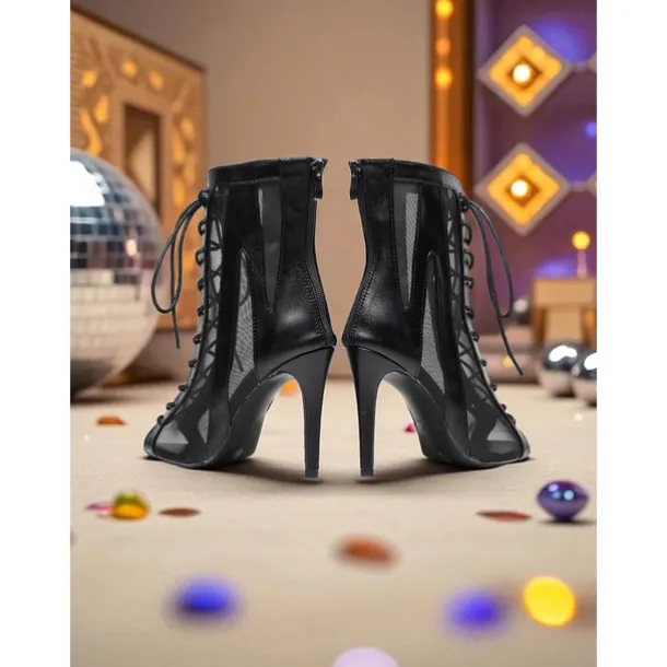 Women's Silver White Lace-Up High Heel Dance Boots - Peep Toe Mesh Professional Latin Jazz Ballroom Performance Shoes for Stage and Party