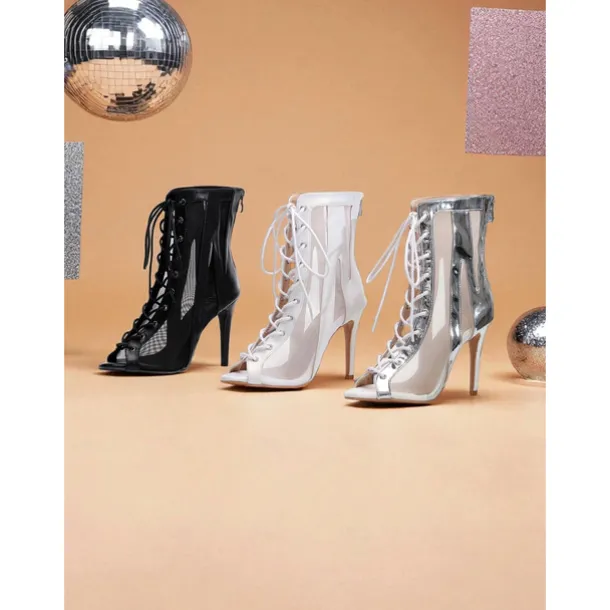 Women's Silver White Lace-Up High Heel Dance Boots - Peep Toe Mesh Professional Latin Jazz Ballroom Performance Shoes for Stage and Party