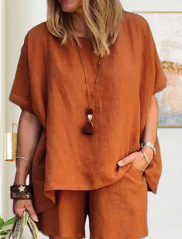 Women's Simple Basic Cotton Linen Sets Two Piece Sets T Shirt Half Sleeve Short Pant Crew Neck Pure Color Pocket Street Daily Black Blue Purple Summer