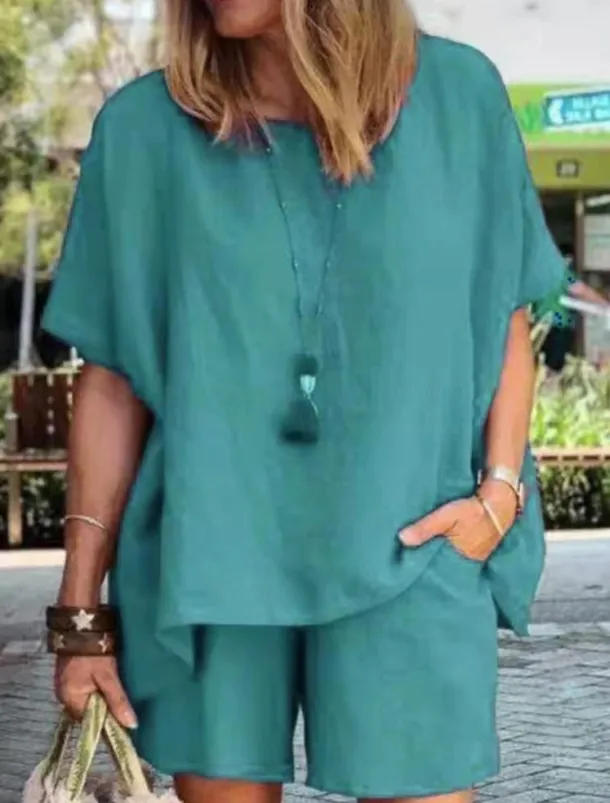 Women's Simple Basic Cotton Linen Sets Two Piece Sets T Shirt Half Sleeve Short Pant Crew Neck Pure Color Pocket Street Daily Black Blue Purple Summer