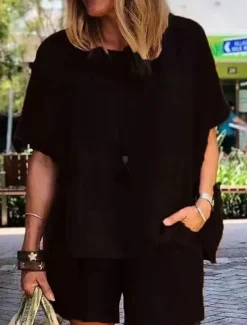 Women's Simple Basic Cotton Linen Sets Two Piece Sets T Shirt Half Sleeve Short Pant Crew Neck Pure Color Pocket Street Daily Black Blue Purple Summer