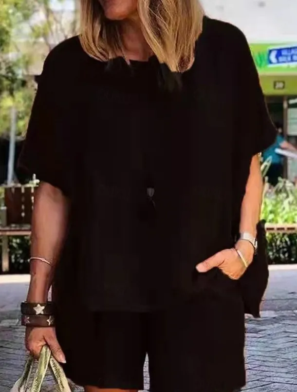 Women's Simple Basic Cotton Linen Sets Two Piece Sets T Shirt Half Sleeve Short Pant Crew Neck Pure Color Pocket Street Daily Black Blue Purple Summer