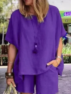 Women's Simple Basic Cotton Linen Sets Two Piece Sets T Shirt Half Sleeve Short Pant Crew Neck Pure Color Pocket Street Daily Black Blue Purple Summer