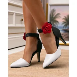Women's 1950s-Inspired Striped Stiletto Heels with Red Rose Ankle Strap – Retro Pointed Toe Pumps for Parties, Performances & Date Nights