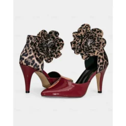 Women's 1950s-Inspired Striped Stiletto Heels with Red Rose Ankle Strap – Retro Pointed Toe Pumps for Parties, Performances & Date Nights