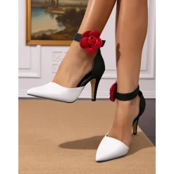 Women's 1950s-Inspired Striped Stiletto Heels with Red Rose Ankle Strap – Retro Pointed Toe Pumps for Parties, Performances & Date Nights