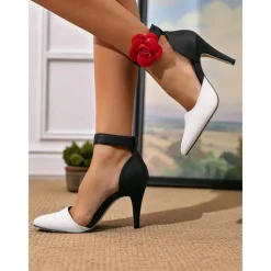 Women's 1950s-Inspired Striped Stiletto Heels with Red Rose Ankle Strap – Retro Pointed Toe Pumps for Parties, Performances & Date Nights