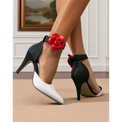 Women's 1950s-Inspired Striped Stiletto Heels with Red Rose Ankle Strap – Retro Pointed Toe Pumps for Parties, Performances & Date Nights