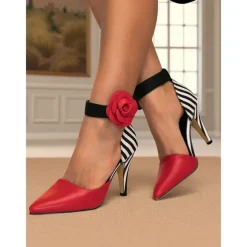 Women's 1950s-Inspired Striped Stiletto Heels with Red Rose Ankle Strap – Retro Pointed Toe Pumps for Parties, Performances & Date Nights