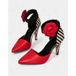Women's 1950s-Inspired Striped Stiletto Heels with Red Rose Ankle Strap – Retro Pointed Toe Pumps for Parties, Performances & Date Nights