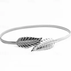 Women's Skinny Belt Nylon Metal Bucke Leaf Decor Classic Wedding Party Silver Golden 2# leaves Silver 2# leaves Gold