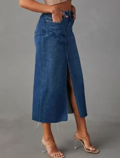 Women's Skirt A Line Denim Midi Skirt Fashion Casual Midi High Waist Skirts Solid Colored Pocket Split Ends Street Daily Blue Light Blue Summer Denim
