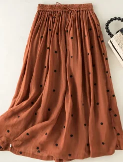 Women's Skirt A Line Fashion Casual Maxi High Waist Skirts Polka Dot Print Casual Daily Weekend Yellow Navy Blue Brown Green Summer Cotton And Linen