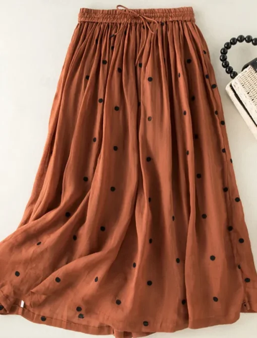 Women's Skirt A Line Fashion Casual Maxi High Waist Skirts Polka Dot Print Casual Daily Weekend Yellow Navy Blue Brown Green Summer Cotton And Linen