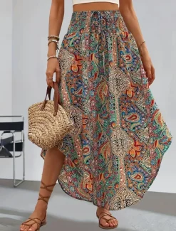 Women's Skirt A Line Fashion Casual Maxi High Waist Skirts Geometric Print Micro-elastic Street Daily Black Green Summer Polyester