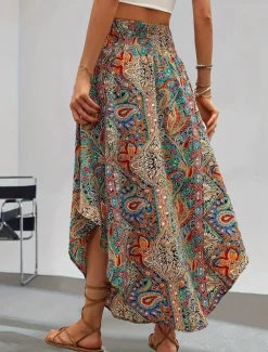 Women's Skirt A Line Fashion Casual Maxi High Waist Skirts Geometric Print Micro-elastic Street Daily Black Green Summer Polyester