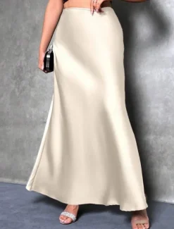 Women's Skirt A Line Fashion Casual Maxi High Waist Skirts Solid Colored Micro-elastic Street Daily Apricot Black Grey Winter Satin Polyester