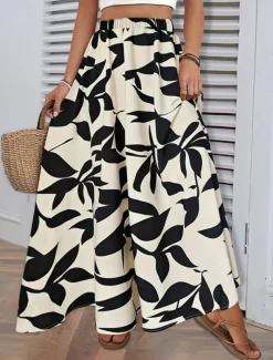 Women's Skirt A Line Fashion Casual Maxi High Waist Skirts Trees / Leaves Pocket Print Stretchy Street Daily White Green Summer Polyester