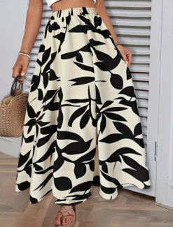 Women's Skirt A Line Fashion Casual Maxi High Waist Skirts Trees / Leaves Pocket Print Stretchy Street Daily White Green Summer Polyester