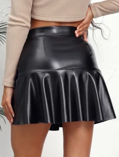 Women's Skirt A Line Fashion Sexy Mini High Waist Skirts Solid Colored Ruffle Street Daily Black Brown Summer Faux Leather Leather
