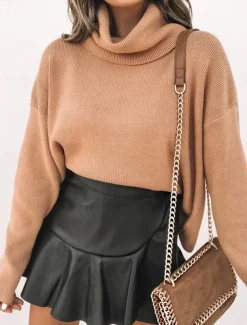 Women's Skirt A Line Fashion Sexy Mini High Waist Skirts Solid Colored Ruffle Street Daily Black Brown Summer Faux Leather Leather