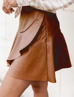 Women's Skirt A Line Fashion Sexy Mini High Waist Skirts Solid Colored Ruffle Street Daily Black Brown Summer Faux Leather Leather